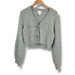 H&M Womens Small Sage Green Ribbed Cropped Cardigan Rhinestone Bow Ties V-Neck